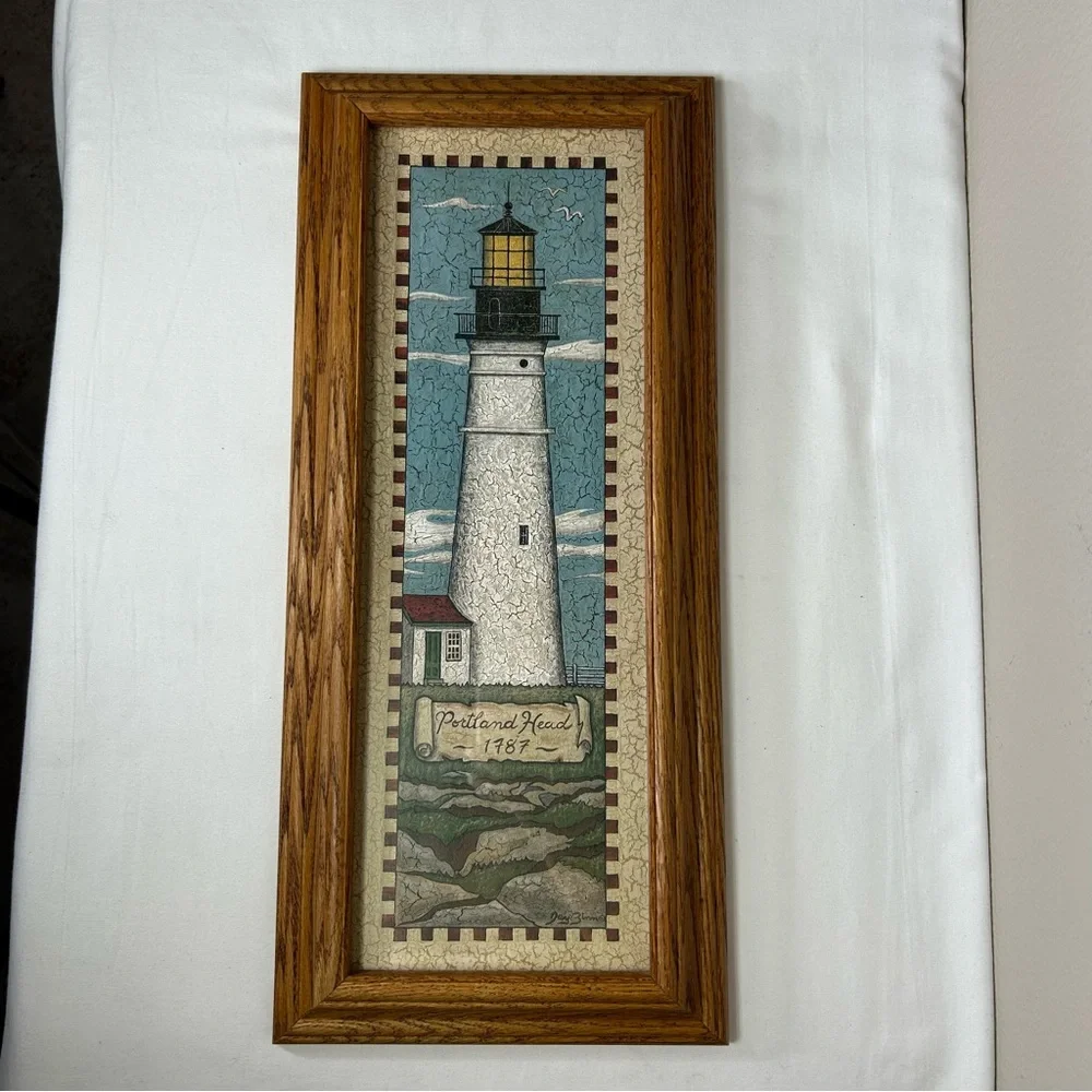 2 VTG Jay Zinn Crinkled Bodie Island -Portland Head Lighthouse Prints Wood Frame